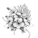 a bouquet of flowers with lily of the valley, honeysuckle, poppies and asters, wrapped in a ribbon tattoo design idea