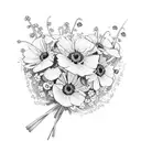 a bouquet of flowers with lily of the valley, honeysuckle, poppies and asters, wrapped in a ribbon tattoo design idea