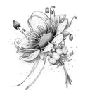 a bouquet of flowers with lily of the valley, honeysuckle, poppies and asters, wrapped in a ribbon tattoo design idea