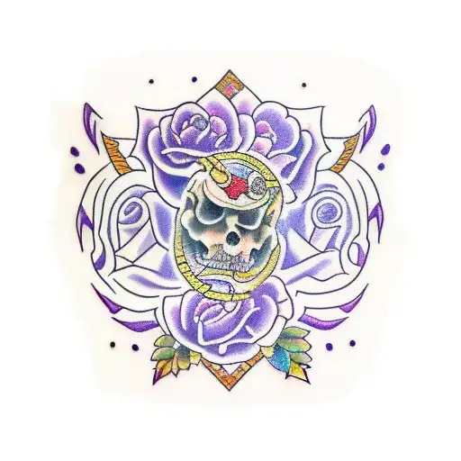 Traditional style tattoo of BTS logo with purple floral accents tattoo design idea