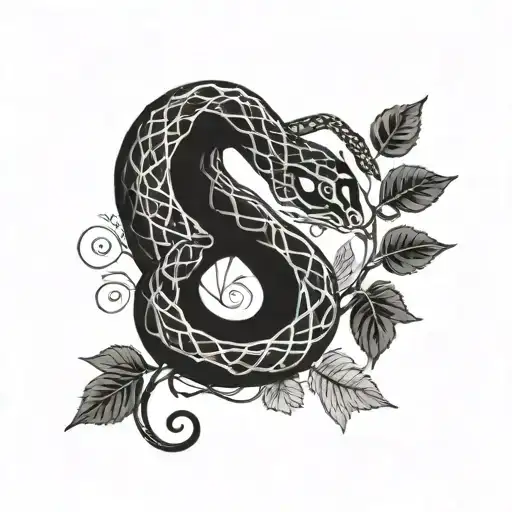 A blackwork tattoo of a snake intertwined with vines and leaves, with a ladybug crawling along its body tattoo design idea