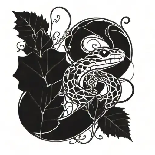 A blackwork tattoo of a snake intertwined with vines and leaves, with a ladybug crawling along its body tattoo design idea