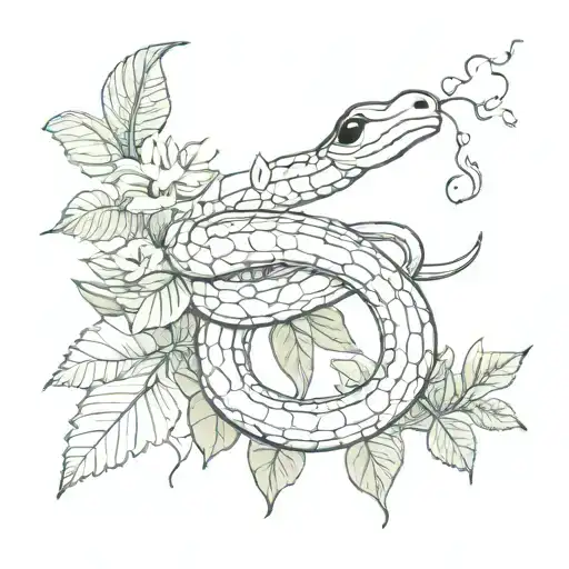 A sketch style tattoo of a snake weaving through a jungle scene, with a ladybug resting on a leaf nearby tattoo design idea