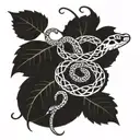 A blackwork tattoo of a snake intertwined with vines and leaves, with a ladybug crawling along its body tattoo design idea