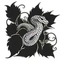 A blackwork tattoo of a snake intertwined with vines and leaves, with a ladybug crawling along its body tattoo design idea