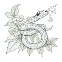 A sketch style tattoo of a snake weaving through a jungle scene, with a ladybug resting on a leaf nearby tattoo design idea