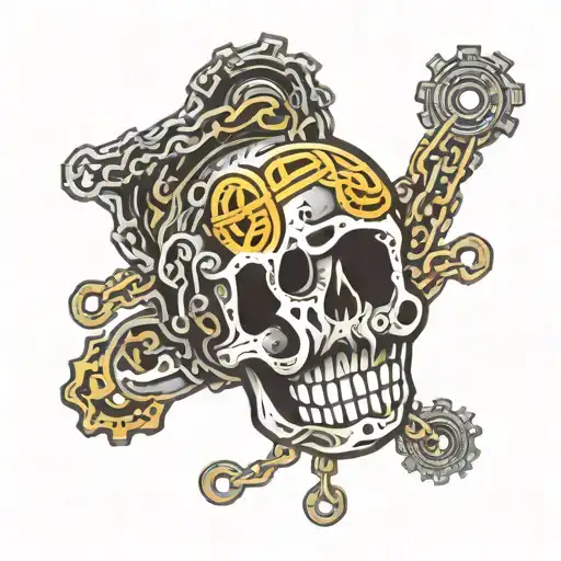 bike chain with head and smiley face that form the words never give up tattoo design idea
