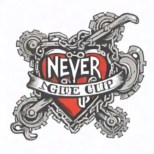 bike chain with a heart and smile forming the words never give up tattoo design idea