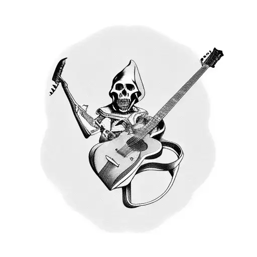 The Grim Reaper playing a guitar shaped like an AK47 tattoo design idea