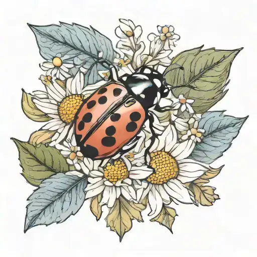 ladybug, chamomile flower and oak leaves tattoo design idea