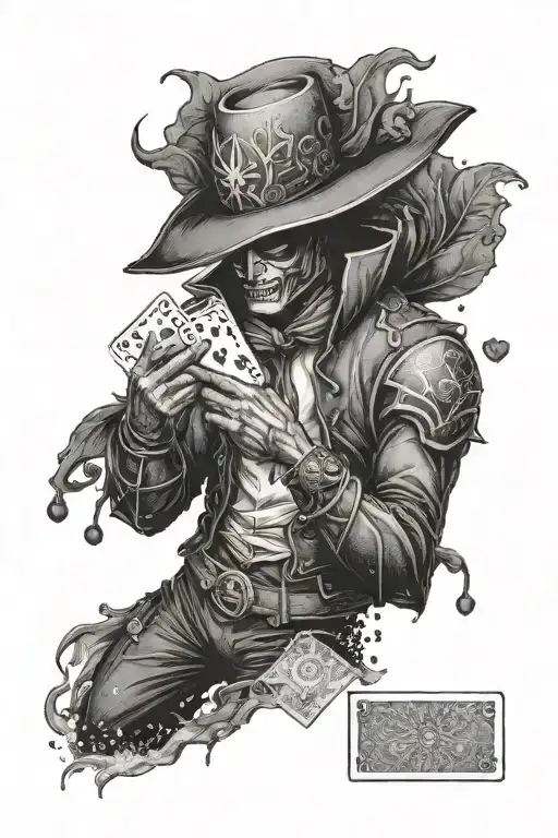 A dotwork tattoo of a Marvel character holding a deck of playing cards in a dramatic pose tattoo design idea