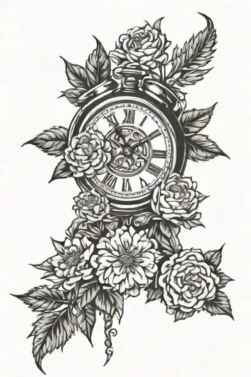 marigold, aster, hawthorn flowers intertwined, clock with time 9:39 tattoo design idea