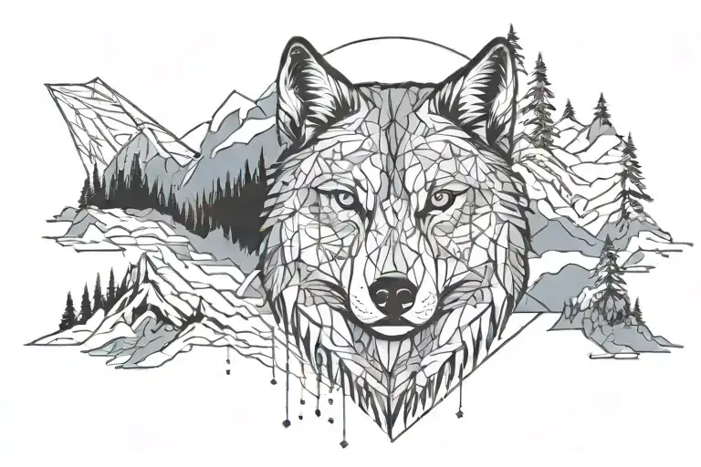 fine line tattoo. wolf head with blue eyes. sorrounded by forest and mountains and under a full moon tattoo design idea