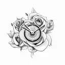 clock, roses, butterflies and clouds tattoo design idea