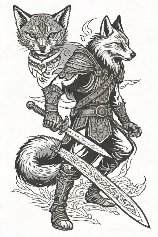 A Slavic warrior holding a sword with the rune of victory (Teyvaz) inscribed on the blade, accompanied by a fox (totem animal) by his side tattoo design idea
