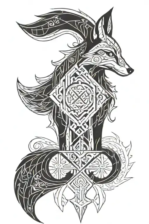 A Slavic-inspired tattoo incorporating totemic animal motifs like a fox and the Teiwaz rune, symbolizing strength and victory tattoo design idea