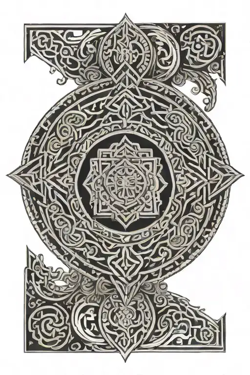 arm tattoo with Tibetan knot in the center surrounded by patterns tattoo design idea