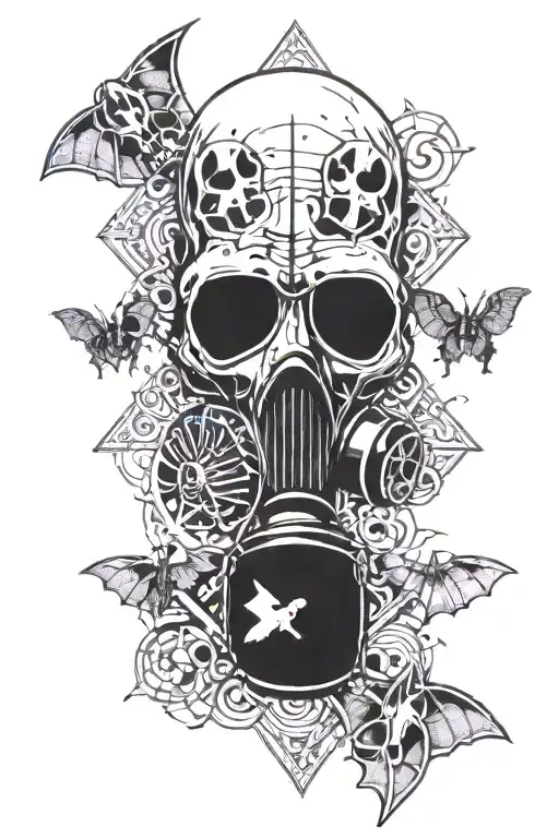 skull, radioactive sign, gas mask, bats, punk sleeve tattoo design idea