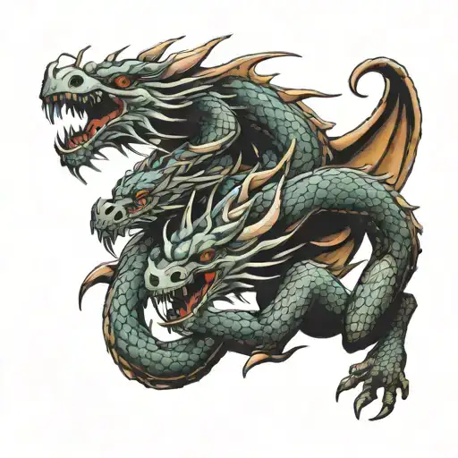 three headed dragon crawling top view from shoulder to tattoo design idea