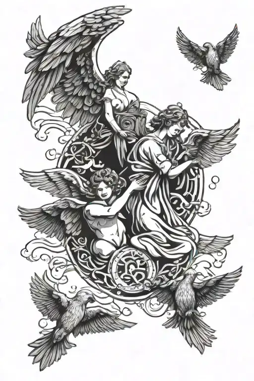 angels with clouds and god around birds with money and guns tattoo design idea