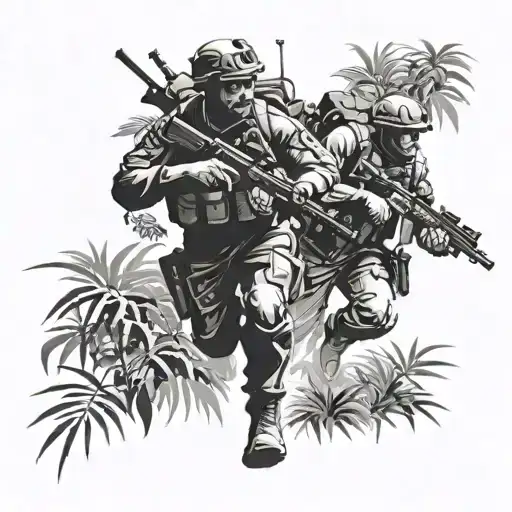 Silhouettes of commandos navigating through dense foliage tattoo design idea