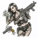Create a tattoo of a female commando holding a stack of cash and a gun tattoo design idea