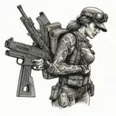 Create a tattoo of a female commando holding a stack of cash and a gun tattoo design idea