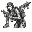 Create a tattoo of a female commando holding a stack of cash and a gun tattoo design idea