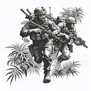 Silhouettes of commandos navigating through dense foliage tattoo design idea