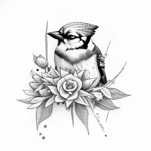 Blue Jay holding flowers  tattoo design idea