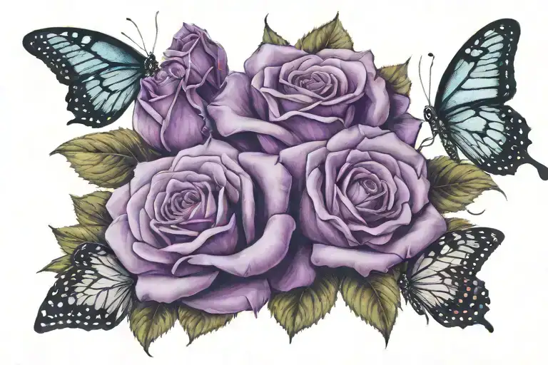 3 purple roses , one purple butterfly  tattoo design idea