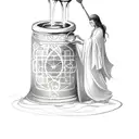 A celestial goddess pouring water from a cosmic chalice tattoo design idea
