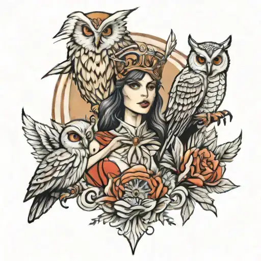 Athena with owl and ares bloody  tattoo design idea