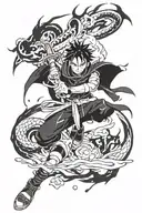 Anime tattoo sleeve with Sung Jin Woo, Igris, Beru, Nastu, Gojo, Ichigo, Benimaru from fire force, Rimuru tattoo design idea