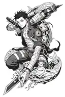 Anime tattoo sleeve with Sung Jin Woo, Igris, Beru, Nastu, Gojo, Ichigo, Benimaru from fire force, Rimuru tattoo design idea