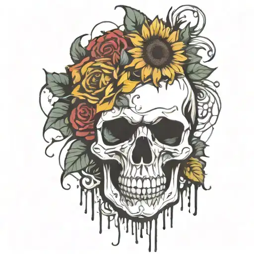 Skull, sunflower, roses, blood dripping from flowers tattoo design idea