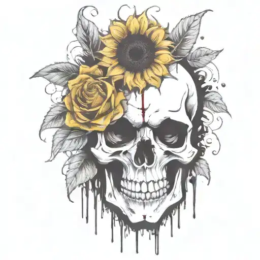 Skull, sunflower, roses, blood dripping from flowers tattoo design idea
