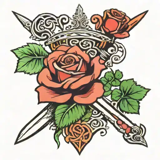 rose and sword with shamrock intertwined tattoo design idea