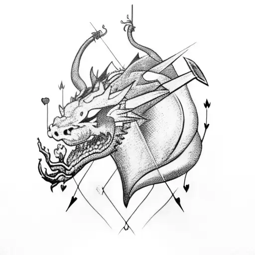 Heart hit by arrow in the middle surrounded by dragon tattoo design idea