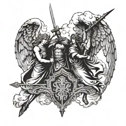 three guardian angels, one holding a sword the other a shield, around them clouds tattoo design idea