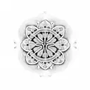 A mystical blackwork design featuring a ladybug and a 4 leaf clover intertwined with intricate patterns, symbolizing luck and protection for Ava the Khori enthusiast tattoo design idea