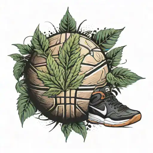 A tattoo design of a basketball with weed leaves incorporated into the design, symbolizing the client's love for NBA Youngboy, King Von, and basketball tattoo design idea
