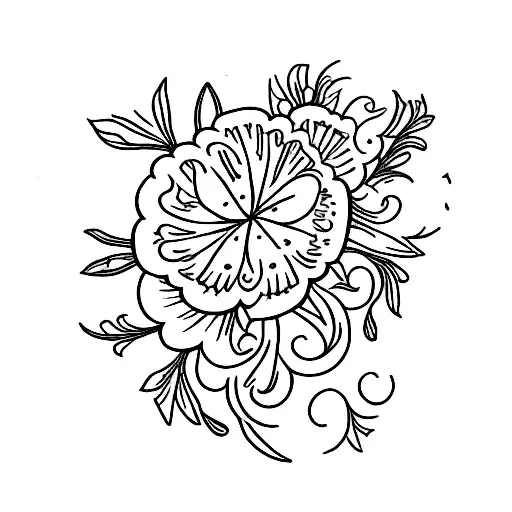 A traditional-style tattoo design showcasing a wreath of carnations, daffodils, daisies, lilies of the valley, morning glories, and holly flowers surrounding a strong, independent woman tattoo design idea