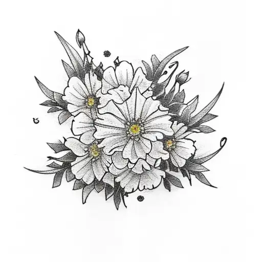 A traditional-style tattoo design showcasing a wreath of carnations, daffodils, daisies, lilies of the valley, morning glories, and holly flowers surrounding a strong, independent woman tattoo design idea