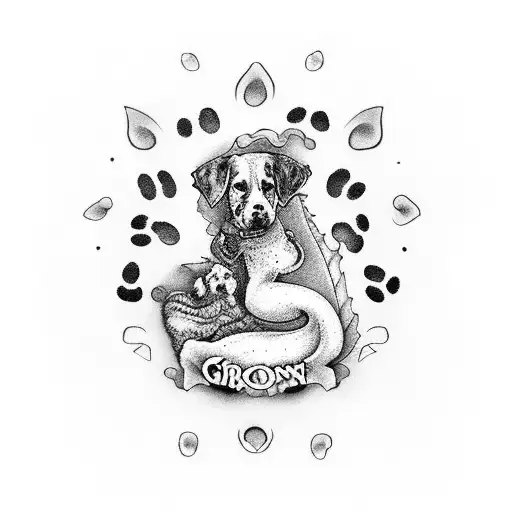 dragon with a big dog paw print and small dog paw print with the names Ghost and Dolly tattoo design idea
