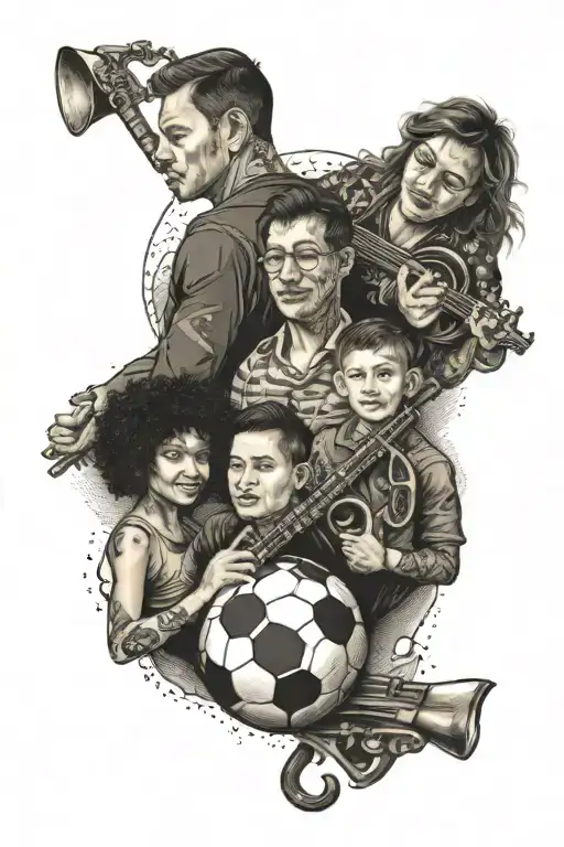 A family portrait with each member holding a different musical instrument and a football in the center tattoo design idea