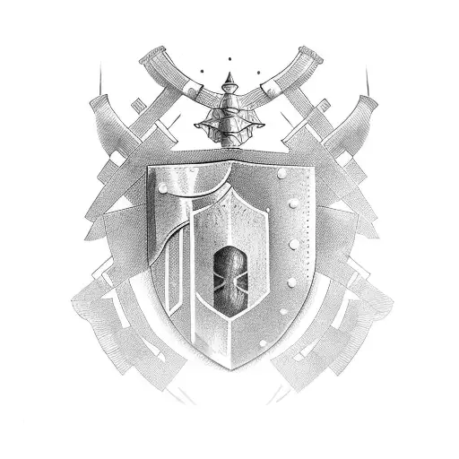 a Spanish armor with the DORTA shield in the center of the shoulder tattoo design idea