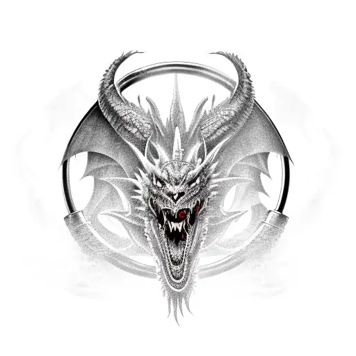 A metal-inspired tattoo design featuring a fierce dragon wrapped around a barbell, symbolizing the client's love for metal and the gym. tattoo design idea
