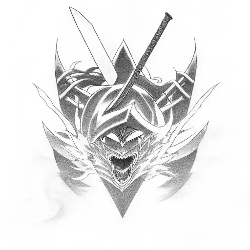 Black-grey tattoo featuring the Rengoku sword surrounded by iconic anime symbols tattoo design idea