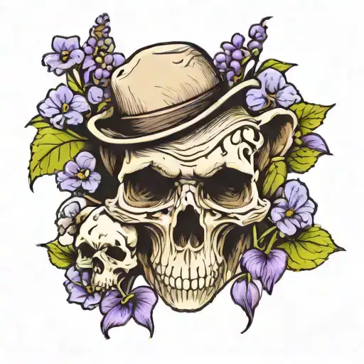 Bear skull rested ontop of a bed of violets tattoo design idea